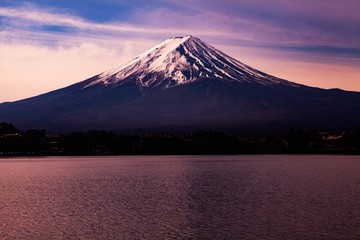 Fototapeta premium Fuji Mountain at Kawaguchiko lake in Japan with dramatic sky.