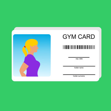 Vector template for card of gym.  Identity document for fitness club with person photo and text. Flat design, vector illustration on background.