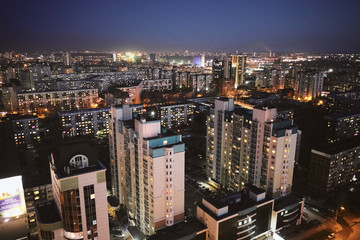 aerial shot of the Siberian capital Novosibirsk city at sunset