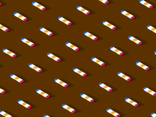 Symmetrically distributed, multicolored capsules on brown background - 3d illustration