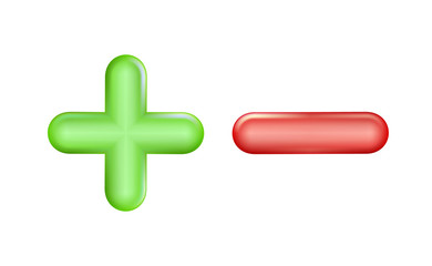 Fototapeta premium Plus and minus icon green, red symbol. Ui, ad. Design realistic plastic toy. Balance concept pluses or minuses, 3D isolated on light background.