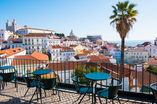 Cityscape view on the old town in Alfama district during the sunny day in Lisbon city, Portugal