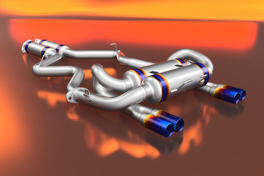 Tuning exhaust system for a sports car. Car muffler, exhaust silencer on a multicolor background