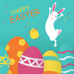 Happy Easter Blue Background. Vector Illustration. Spring Holiday Concept, place for text. Flat Icons - Chicken, Rabbit and Eggs. Easter greeting card with chick, bunny and eggs. Animal wildlife