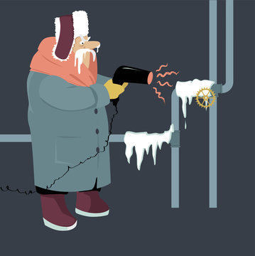 Senior man attempting to thaw frozen pipes with a blow dryer, EPS 8 vector illustration