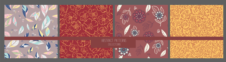 set vintage seamless patterns. Hand drawn doodle. Vector illustration for ceramic tile, wallpaper, textile, invitation, greeting card, web page background. flower clipart. Abstract romantic collection