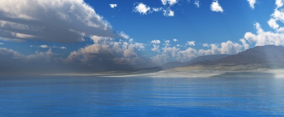 Beautiful seascape with rocky shore and clouds over the sea