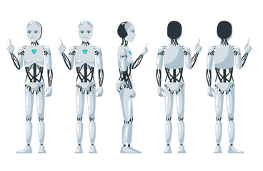 Vector illustration of a  robotic man pointing with hand and finger to the side. Cartoon realistic humanoid robot. Flat robot. Front, side and back views. RPA Robotic progress automation concept.