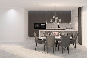 3d illustration. A modern gray kitchen with mock up wall