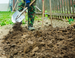foot with spade in dirt, farmer working in agriculture