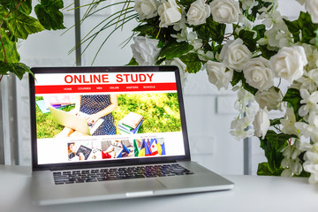 Online study concept, woman in headphones searching free audio course for individual self-tuition, student using laptop for e-learning, distance learning, , focus on screen