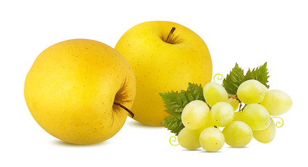 Fresh yellow apples and grapes isolated on white background with clipping path