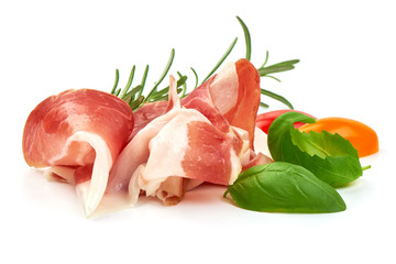 Italian prosciutto crudo or spanish jamon. Raw ham, close-up, isolated on white background