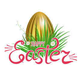 Golden Easter eggs in green grass with flowers and lettering happy Easter. Element for celebratory design. Vector
