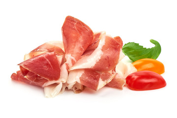 Thin Slices of jamon, dried ham, close-up, isolated on white background