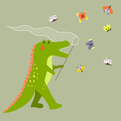 Cute dino. Cartoon  crocodile catching butterflies. Vector illustration in scandinavian style. Can be used print print for t-shirts, home decor, posters, cards.