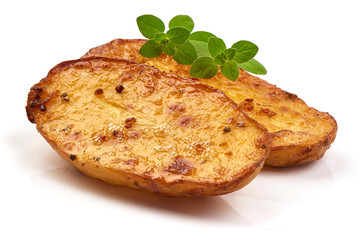 Baked potato wedges, fried potatoes, close-up, isolated on white background