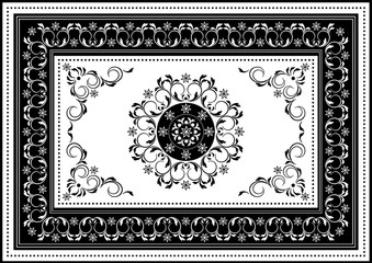 Vintage white frame with black oval ornament in the center of spiral stripes and black border with white  pattern