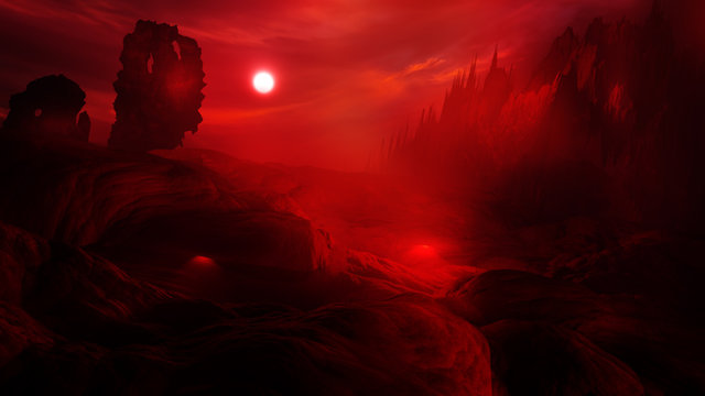 concept art of hell with fire clouds in sunset sky and scary landscape 