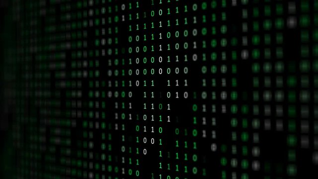 Binary code background with digits moving right on screen. Algorithm binary, data code, decryption and encoding. Deep of field effect. Seamless loop abstract background.