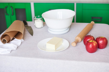 Baking ingredients placed on table, ready for cooking. Concept of food preparation, kitchen on background
