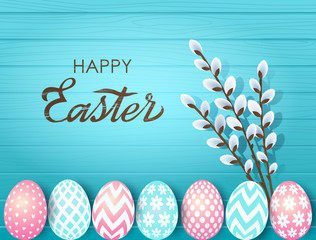 Greeting Easter card or banner. Easter eggs with ornament on the background of wooden background with a hand-lettering congratulation. vector