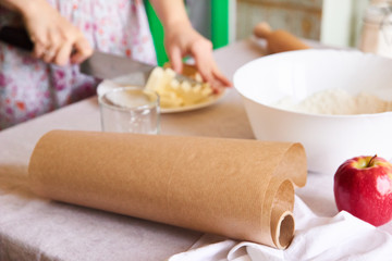 Baking ingredients placed on table, ready for cooking. Concept of food preparation, kitchen on background