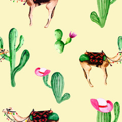 Watercolor seamless pattern with camels and green cacti. Mexican background, wrapping, Wallpaper or textile.