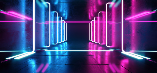 Construction Hall Grunge Glossy Concrete Futuristic Sci-FI Empty Dark Reflective Modern Stage Room With Blue And Purple Glowing Neon Lights Background Virtual Path Background 3D Rendering