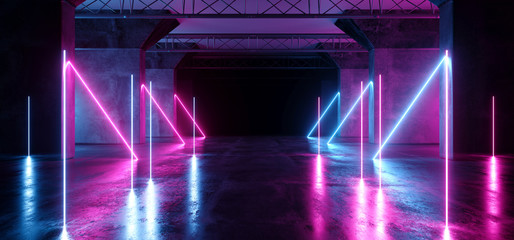 Virtual Path Sci Fi Neon Glowing Fluorescent Laser Alienship Stage Dance Lights Ultraviolet Purple Blue Pink In Dark Empty Grunge Concrete Neon Reflective Tunnel Hall Corridor 3D Rendering