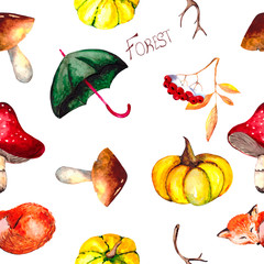 Seamless pattern on the nature of autumn and forest: pumpkin, acorns, Fox, mushrooms, umbrella and autumn leaves. Bright background for textile, packaging or Wallpaper.
