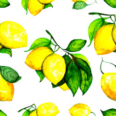 Watercolor illustration. Seamless pattern of juicy  yellow lemons with bright green leaves.