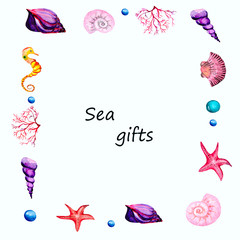 Watercolor illustration of a frame of sea treasures: seashells, starfish, corals, algae and pearls.