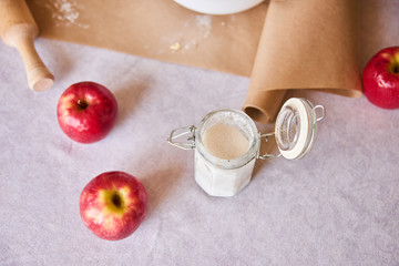 Baking ingredients placed on table, ready for cooking. Concept of food preparation