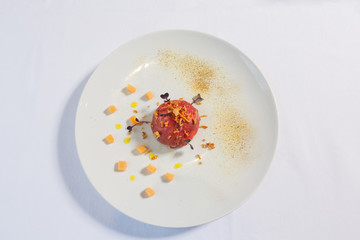 Duck liver mousse in beef steak carpaccio