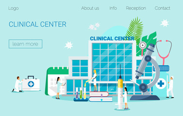 Clinical center, healthcare program vector landing page template. Medical researches, innovations web banner layout design, it can be used for landing page, template, ui, web, mobile app, poster,