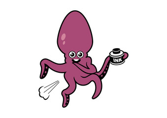 Funny smiling purple octopus vector illustration. Octopus with ink cartoon character. Purple squid icon isolated on white background. Cheerful farting octopus cartoon character