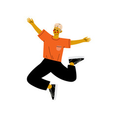 Happy Young Man in Casual Clothes Jumping Celebrating Important Event, Dance Party, Friendship, Sport Concept Vector Illustration