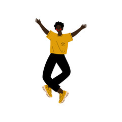 Young African American Man Happily Jumping Celebrating Important Event, Dance Party, Friendship, Sport Concept Vector Illustration