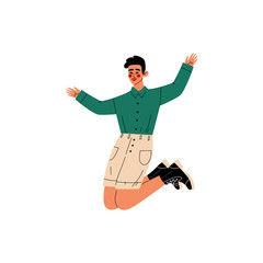 Happy Guy Jumping, Young Man Wearing Casual Clothes Celebrating Important Event, Dance Party, Friendship, Sport Concept Vector Illustration
