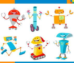 Cartoon Cheerful Robots Characters Set