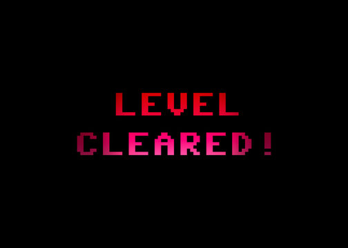 A videogame screen with the text Level cleared. 8 bit retro style.