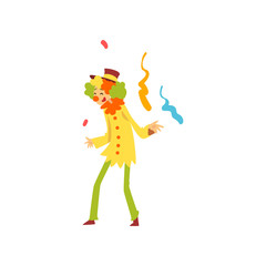 Cute Funny Clown Performing at Birthday, Carnival Party or Circus Show Vector Illustration