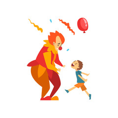 Cute Boy Having Fun with Clown at Birthday, Carnival Party or Circus Performance Vector Illustration