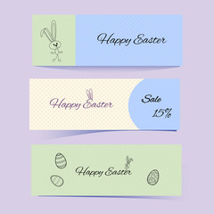 Cute Easter banners with bunnies and patterned eggs. Rabbit from lines and dotted texture. Blue, green and beige. Vector illustration