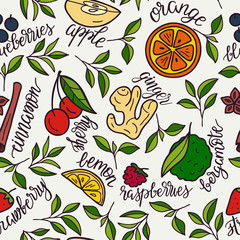 Vector design with herbal and fruit tea ingredients. Suitable for cafes, advertising tea, wallpaper, wrapping paper. Hand drawn seamles pattern.