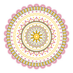 Fototapeta premium Ethnic folk style print template illustration. Radial floral pink and yellow