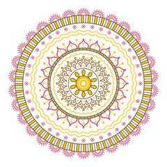 Ethnic folk style print template illustration. Radial floral pink and yellow