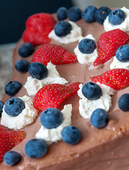 Chocolate cake decorated with fruits