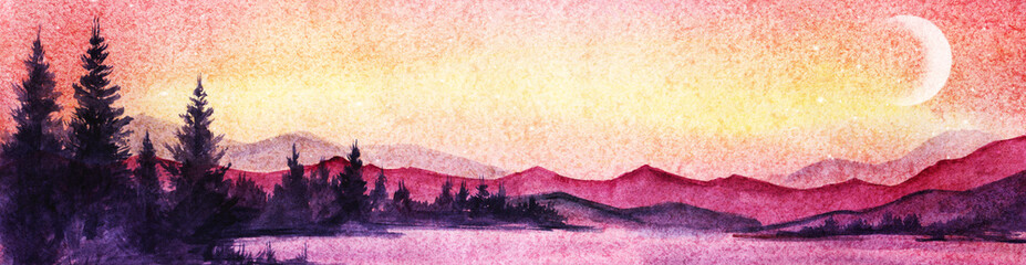 Landscape dark silhouette of mountain chain on the far side of the lake against the backdrop of pink sky with milk stars and moon. Hand drawn watercolor background